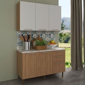 Cozinha Compacta 120cm 2 Peças, 5 Portas e 3 Gavetas Freijó/Branco
