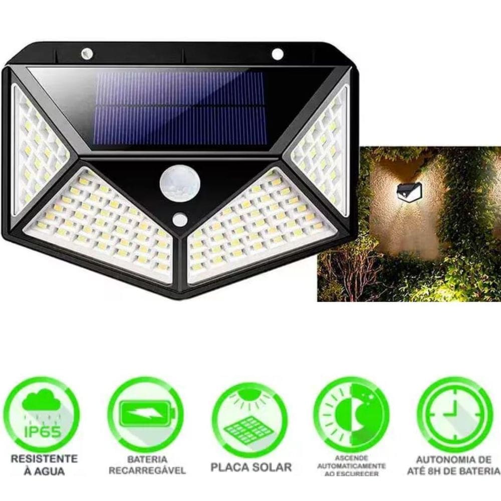 Luz Solar Externa 100 Leds Carrega Com Sol