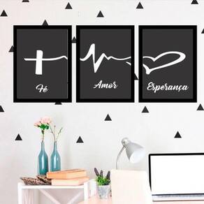 Kit 03 Quadros Decorativos Fé Amor Esperança 45x34Cm