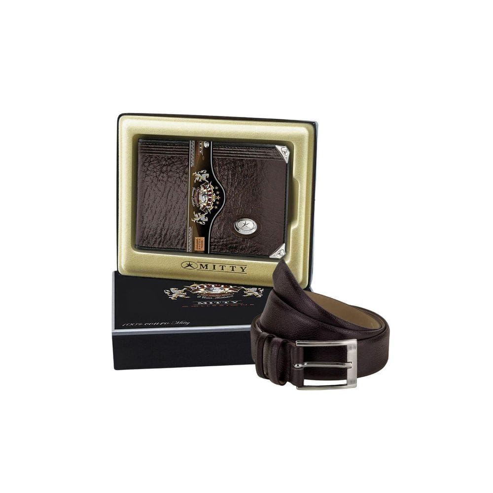 Kit Couro Carteira Mini Mitty Cinto Fasolo M0 - Marrom - 105