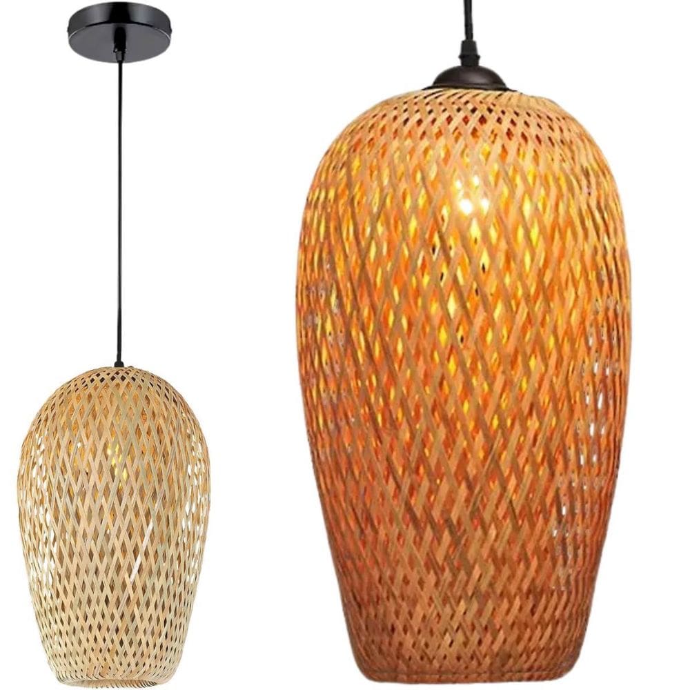 Lustre Pendente Bambu 37Cm Fibra Natural Luminária Teto
