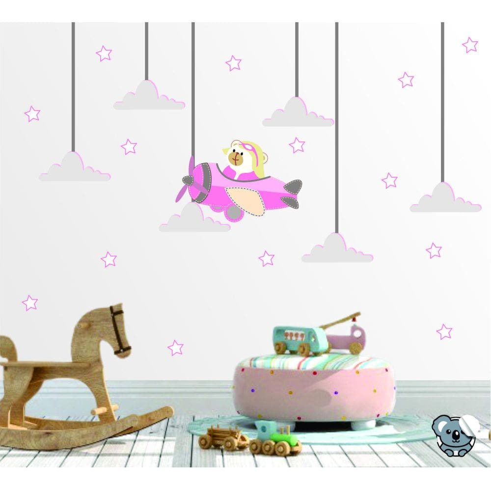Adesivo de Parede Infantil Urso Aviador Nuvens Meninas