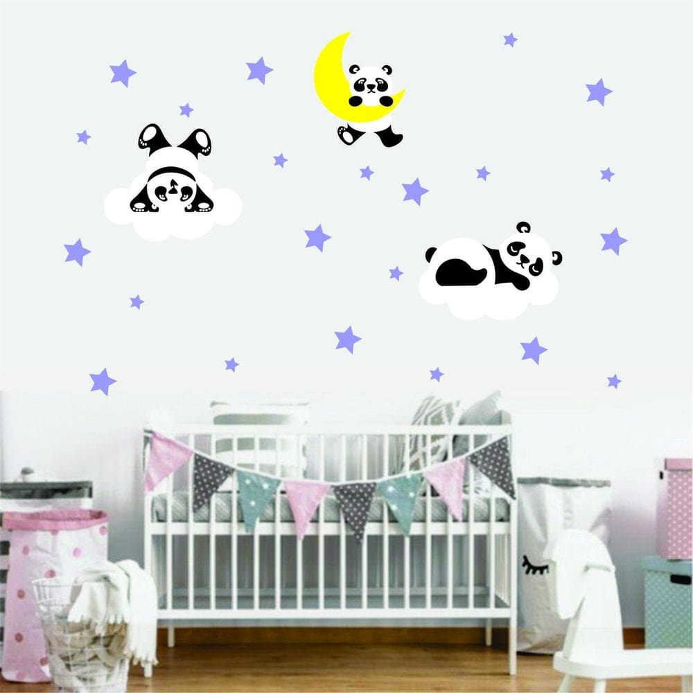 Adesivo De Parede Panda E Nuvens Lua Estrelas