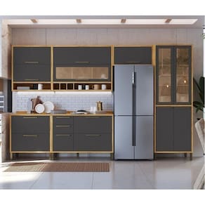 Cozinha Modulada com 6 Peças 12 Portas 4 Gavetas e Vidro Reflecta 100% Mdf Vicenza Espresso Móveis Amêndoa/Cinza