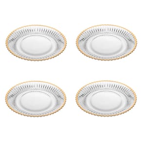Cj 4 Pratos Rasos P/Sobremesa de Cristal Canelado Imperatriz C/Fio Dourado 20cm Wolff