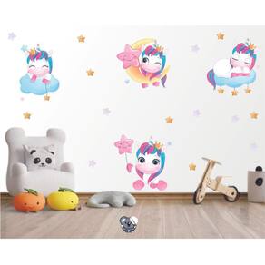 Adesivo De Parede Infantil Unicórnios Lua Nuvem Aquarela
