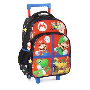 Mochila Escolar Rodinhas E Alça Super Mario Bros 4 Bolsos Pu