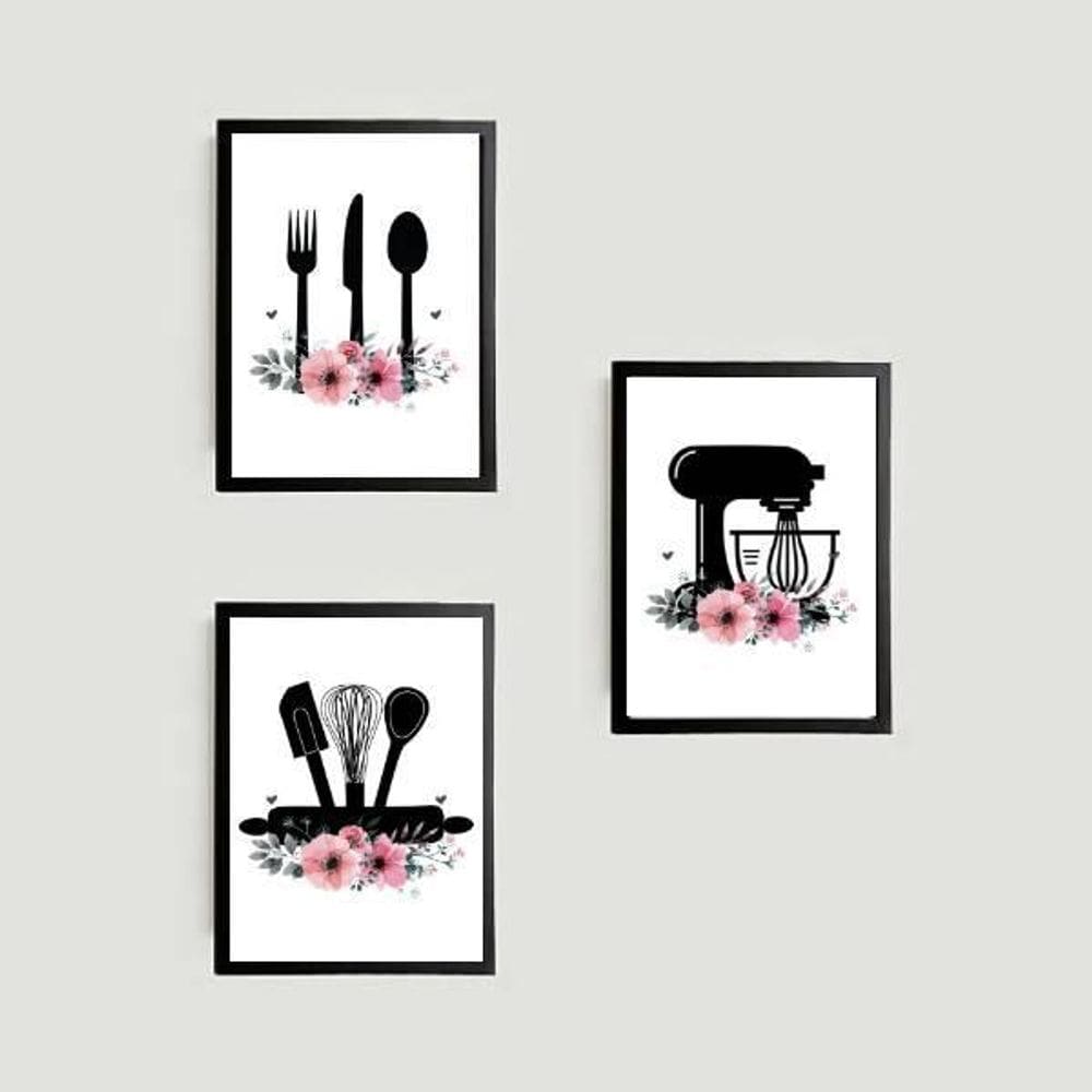 Kit 3 Quadros Utensílios De Cozinha 45X34Cm Com Vidro Preta