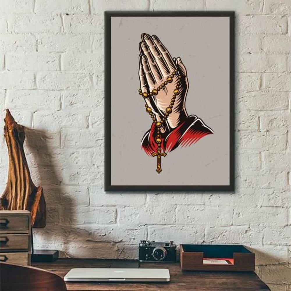 Quadro Decorativo Mãos Com Terço 45X34Cm - Preta