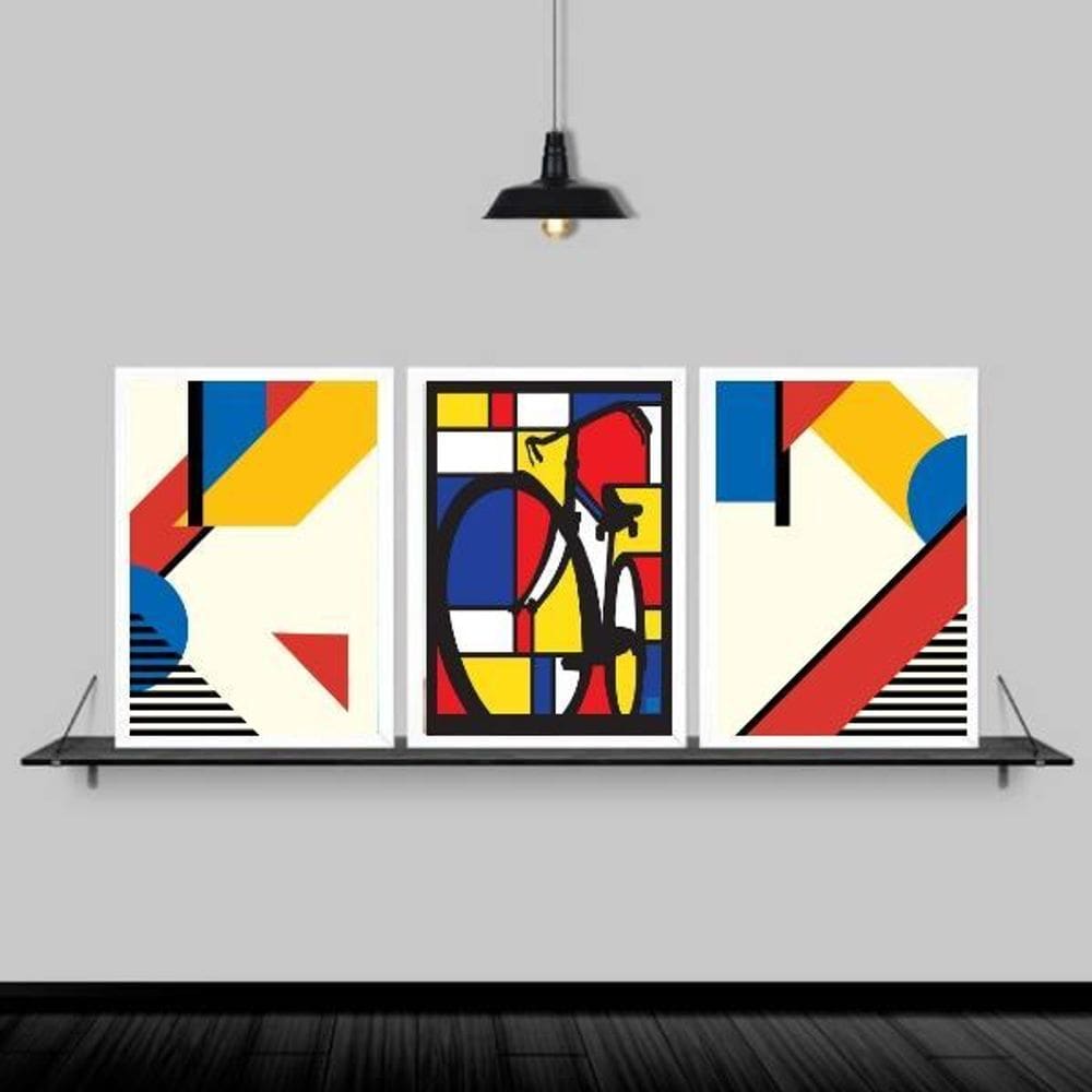 Kit 3 Quadros Bicicleta Mondrian 45X34Cm Moldura Branca