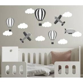 Adesivo De Parede Quarto Balões, Nuvens E Avião Decore