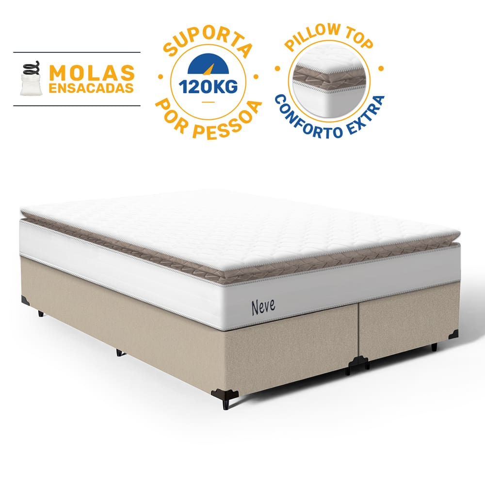 Cama Box com Colchão de Molas Ensacadas Pillow Top Neve Queen 158cm