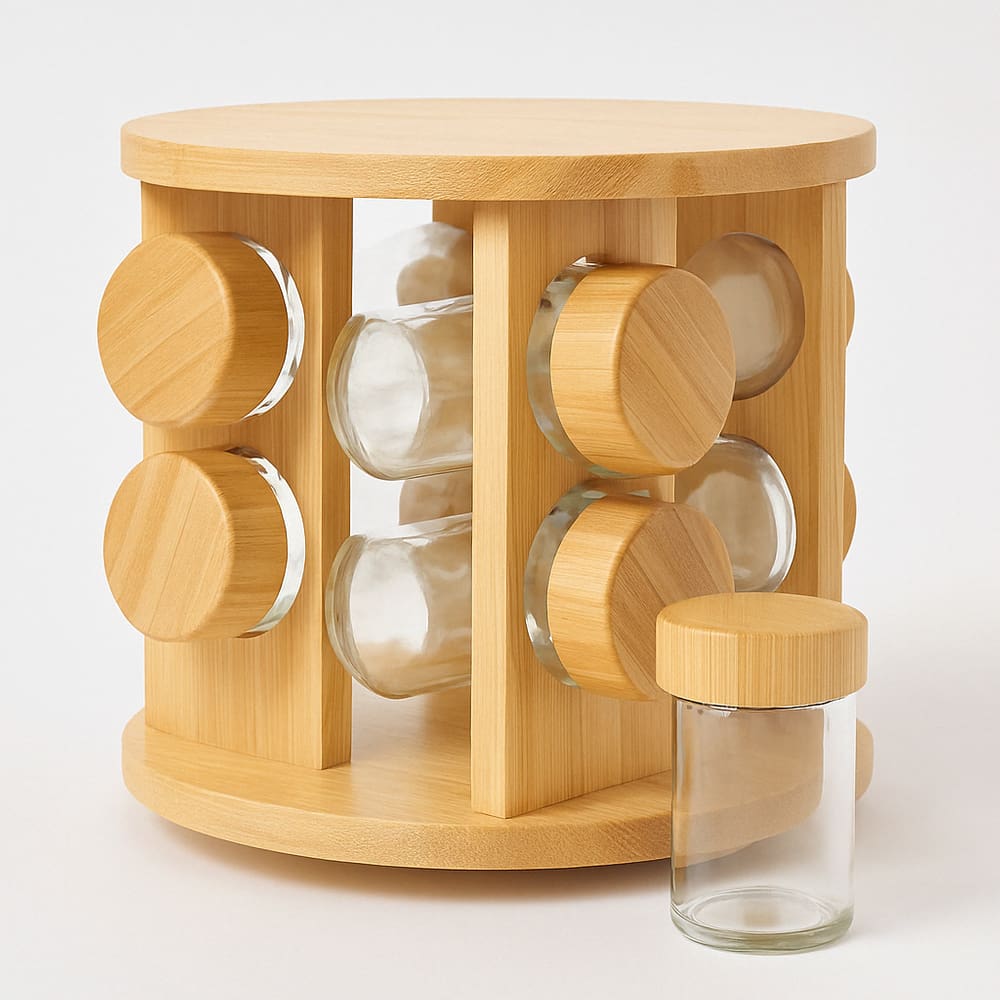 Porta Temperos Giratório Bambu com 8 Potes de Vidro Herméticos Design Sofisticado Premium