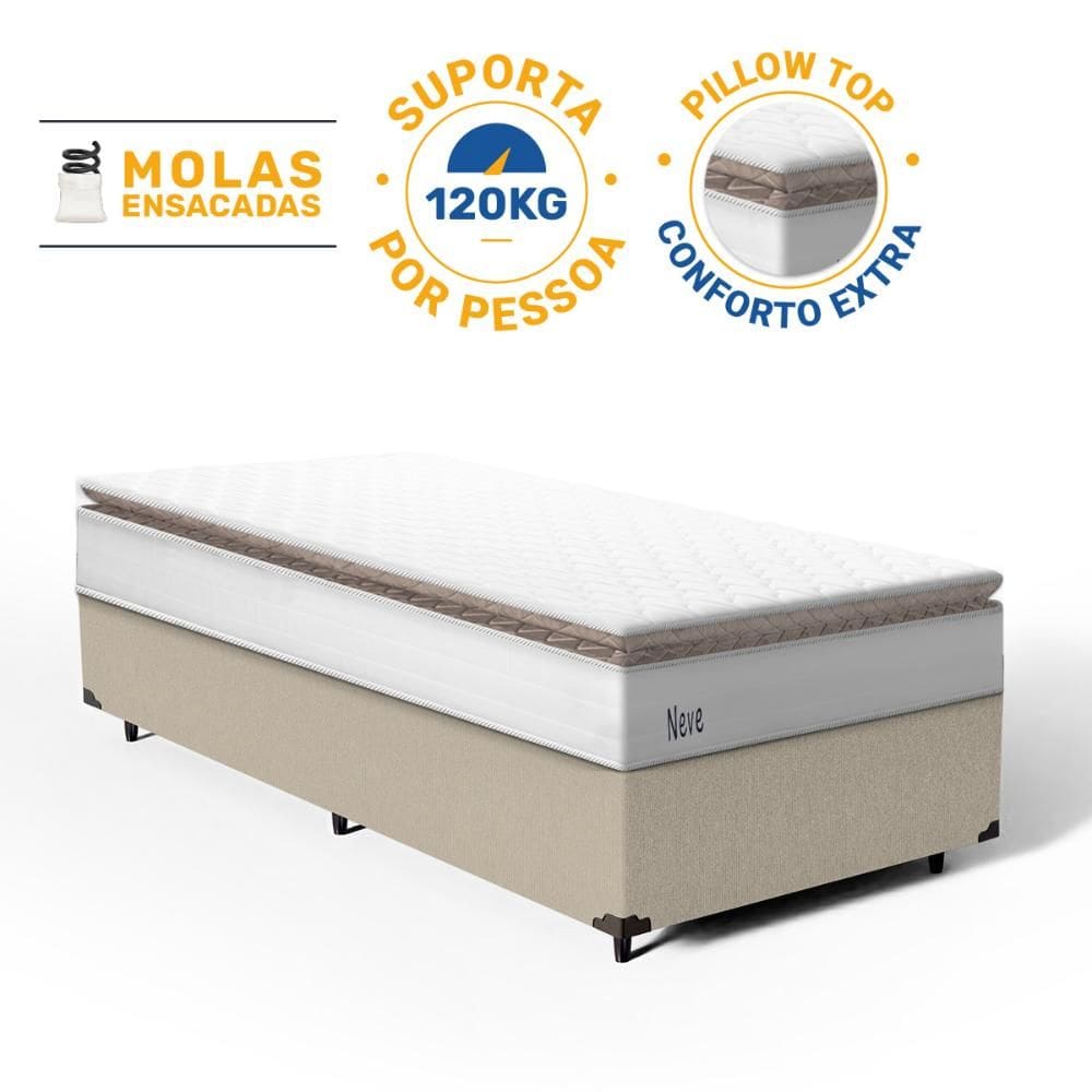 Cama Box com Colchão de Molas Ensacadas Pillow Top Neve Solteiro 88cm
