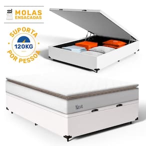 Cama Box Baú com Colchão de Molas Ensacadas Pillow Top Neve Casal 138cm