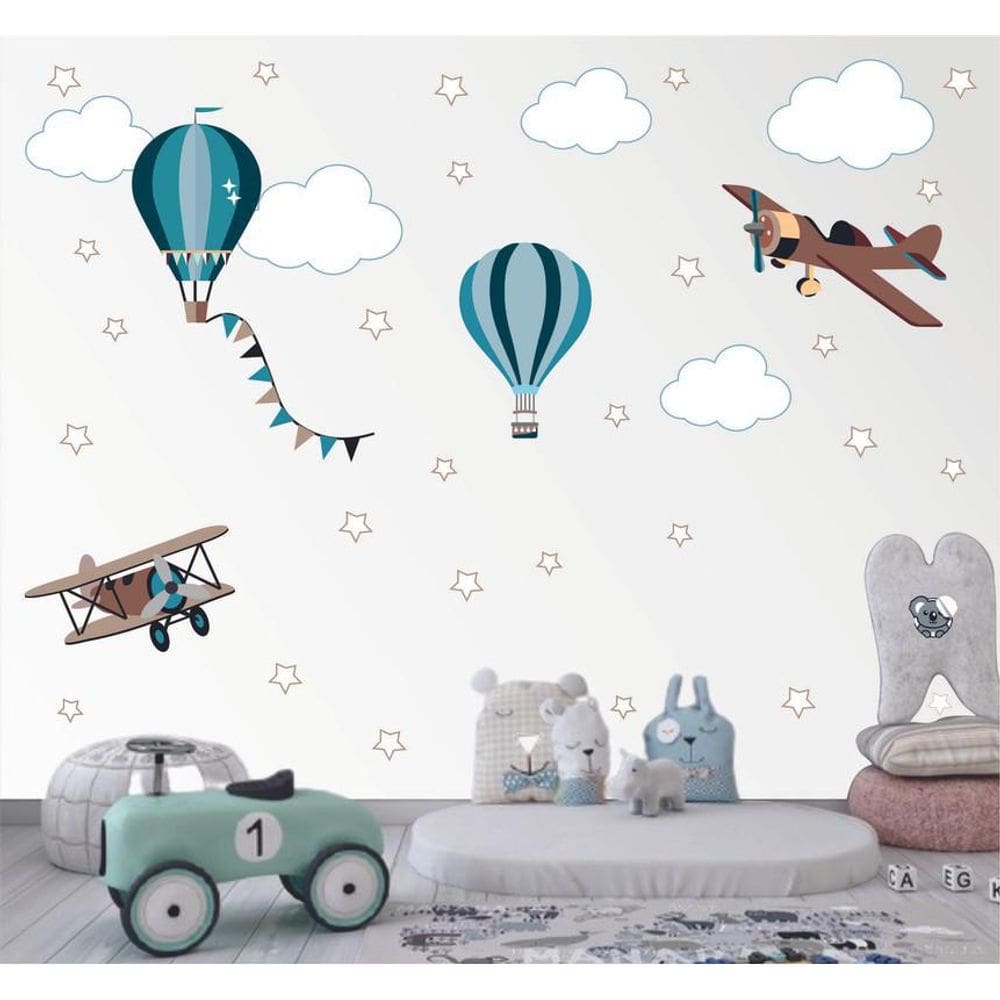 Adesivo De Parede Infantil Aviões Balões Nuvens E Estrelas