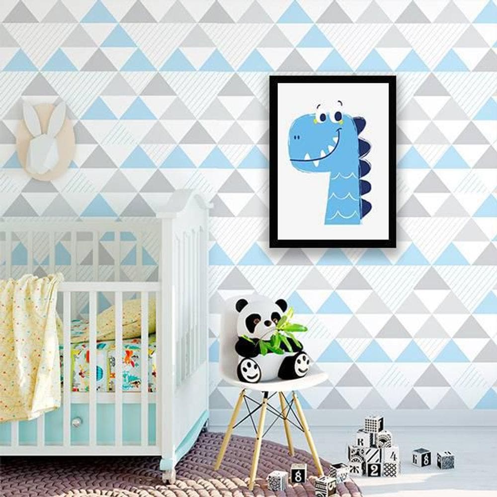 Quadro Decorativo Infantil Dinossaurinho Azul Moldura Preta