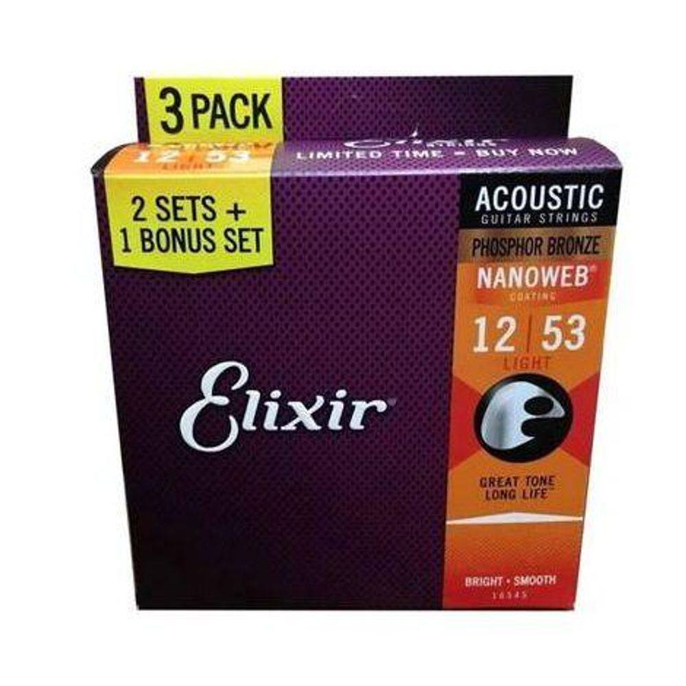 Encordoamento 012 Light Phosphor Bronze P/ Violao Aco Nanoweb Pack L3p2 16545 Elixir (15381) [F108]