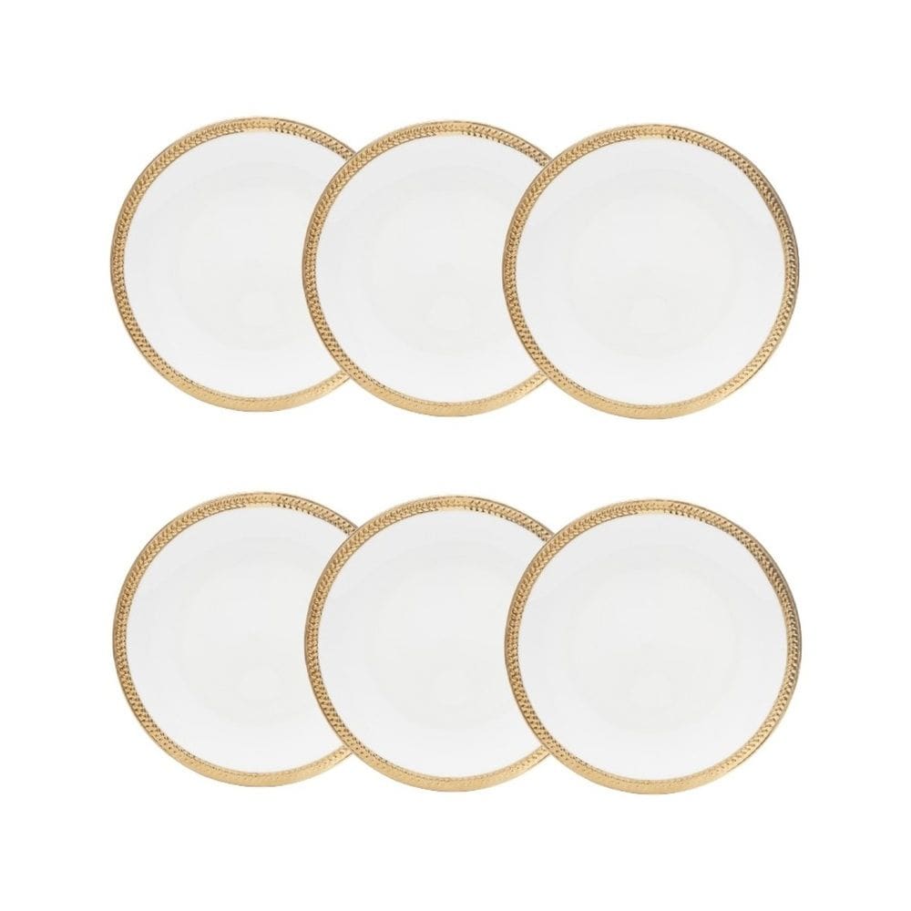 Cj 6 Pratos Rasos P/Sobremesa de Porcelana Paddy Branco/Dourado 19cm Wolff