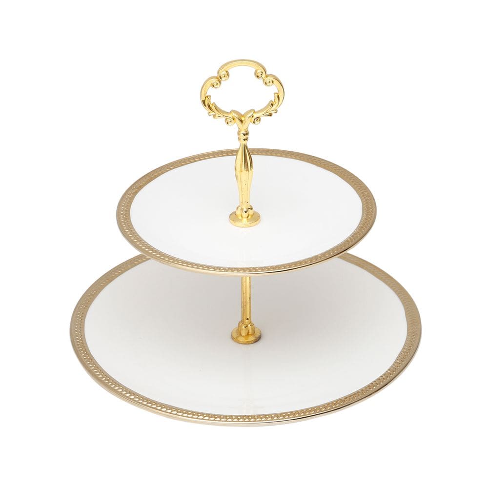 Prato Duplo de Porcelana P/Doces Paddy Branco/Dourado 24x27cm Wolff
