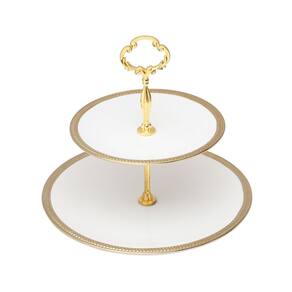 Prato Duplo de Porcelana P/Doces Paddy Branco/Dourado 24x27cm Wolff