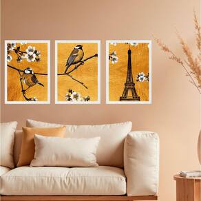 Kit 3 Quadros Passarinhos Paris Torre Eiffel 33X24Cm