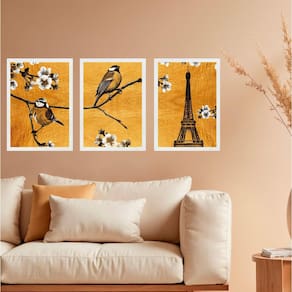 Kit 3 Quadros Passarinhos Paris Torre Eiffel 24X18Cm