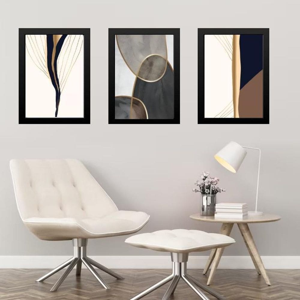 Kit 3 Quadros Elegantes Neutros Abstratos 33X24Cm - Vidro