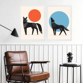Kit 2 Quadros Decorativos Lobos Boho 45X34Cm - Com Vidro