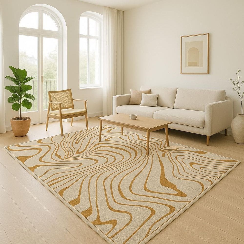 Tapete Sala 300X300Cm 3X3 Sem Pelo Organico Bege Dourado
