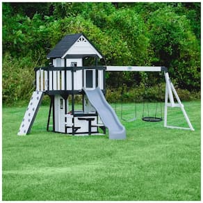 Playground Infantil de Madeira com Parede de Escalada, Escorregador de Ondas, Balança de Teia, Varanda e 2 Balanços de Cinto, Backyard