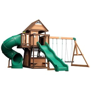 Playground Infantil de Madeira com Cozinha Compacta, Parede de Escalada, Escorregador, Tobogã, Telescópio e 2 Balanços, Backyard Discovery,