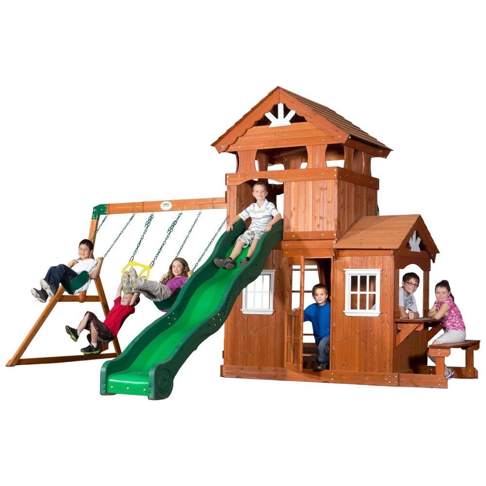 Playground Infantil com Banco para Lanche, Parede de Escalada, Escorregador de 3 Metros, 2 Balanços e Barra de Acrobacias, Backyard