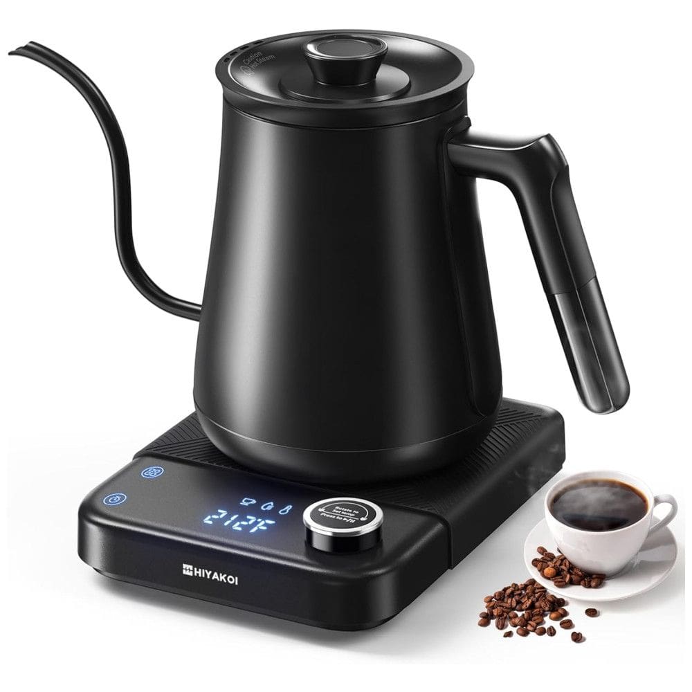Chaleira Elétrica HIYAKOI Gooseneck com Controle de Temperatura, Ideal para Café e Chá, Aquecimento Rápido de 1200W em Aço Inoxidável, 0,8L