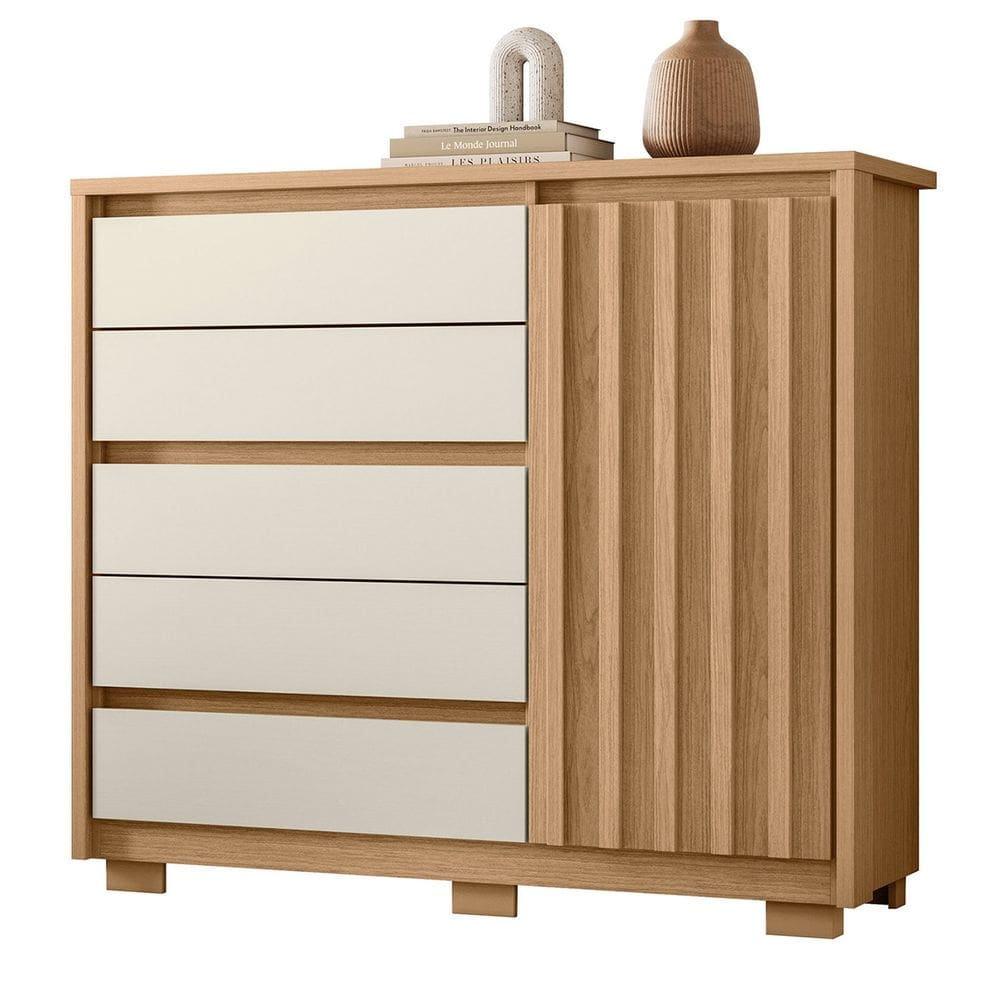 Cômoda Para Quarto 1 Porta 125cm Ripada Duetto Off/Freijó - Albatroz