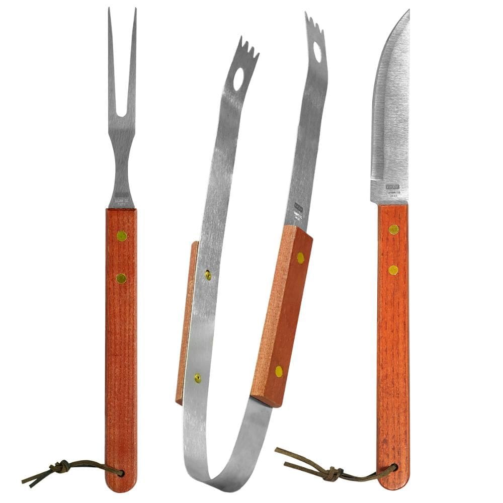 Garfo Faca Pegador Churrasco Madeira Aço Inox Fixxar - 4un