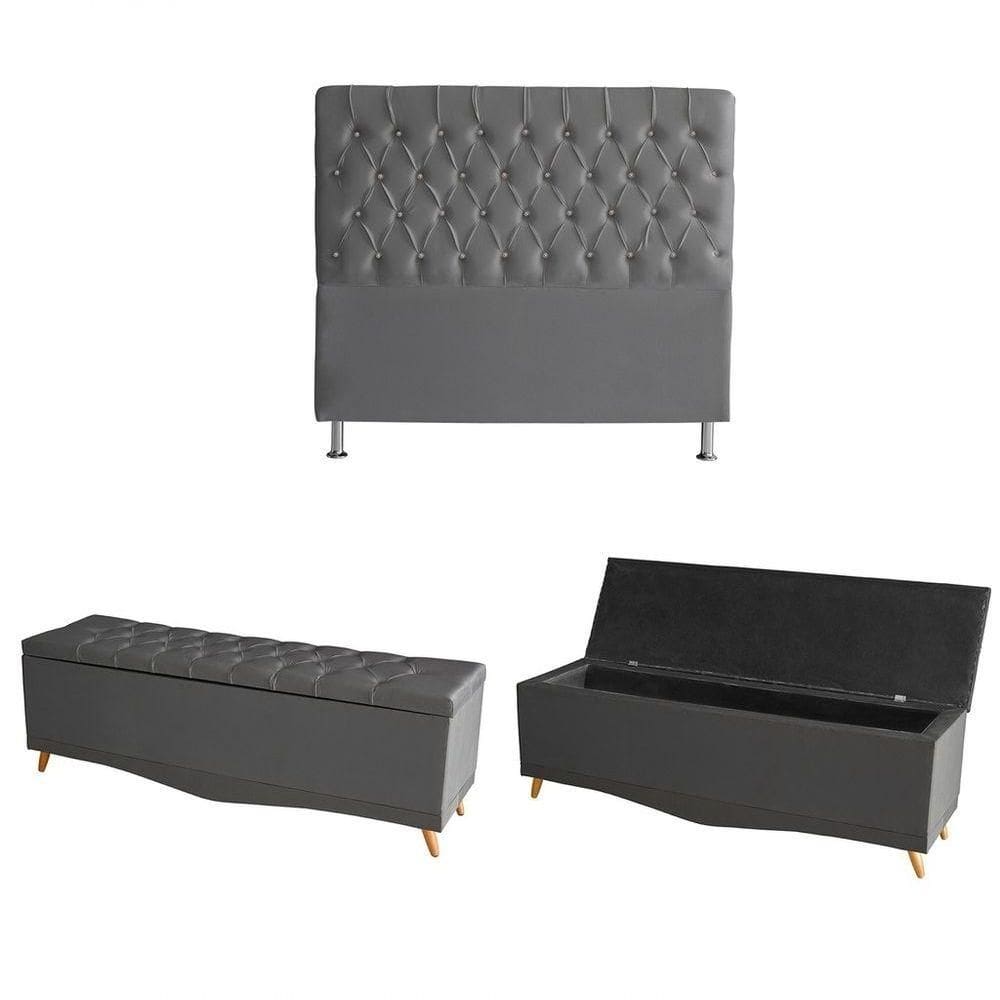 Kit Estrela Cabeceira De Cama E Calçadeira Baú Pés Palito Botão Cristal Casal 140 Cm Suede Grafite Do Lar Móveis