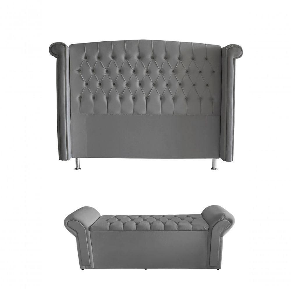 Kit Realeza Cabeceira De Cama E Calçadeira Baú Casal 140 Cm Suede Prata Do Lar Móveis