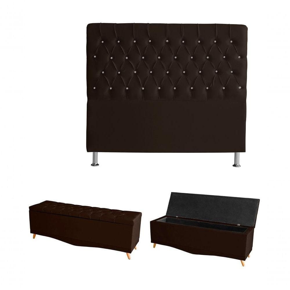 Kit Estrela Cabeceira De Cama E Calçadeira Baú Pés Palito Botão Cristal Casal 140 Cm Suede Marrom Do Lar Móveis