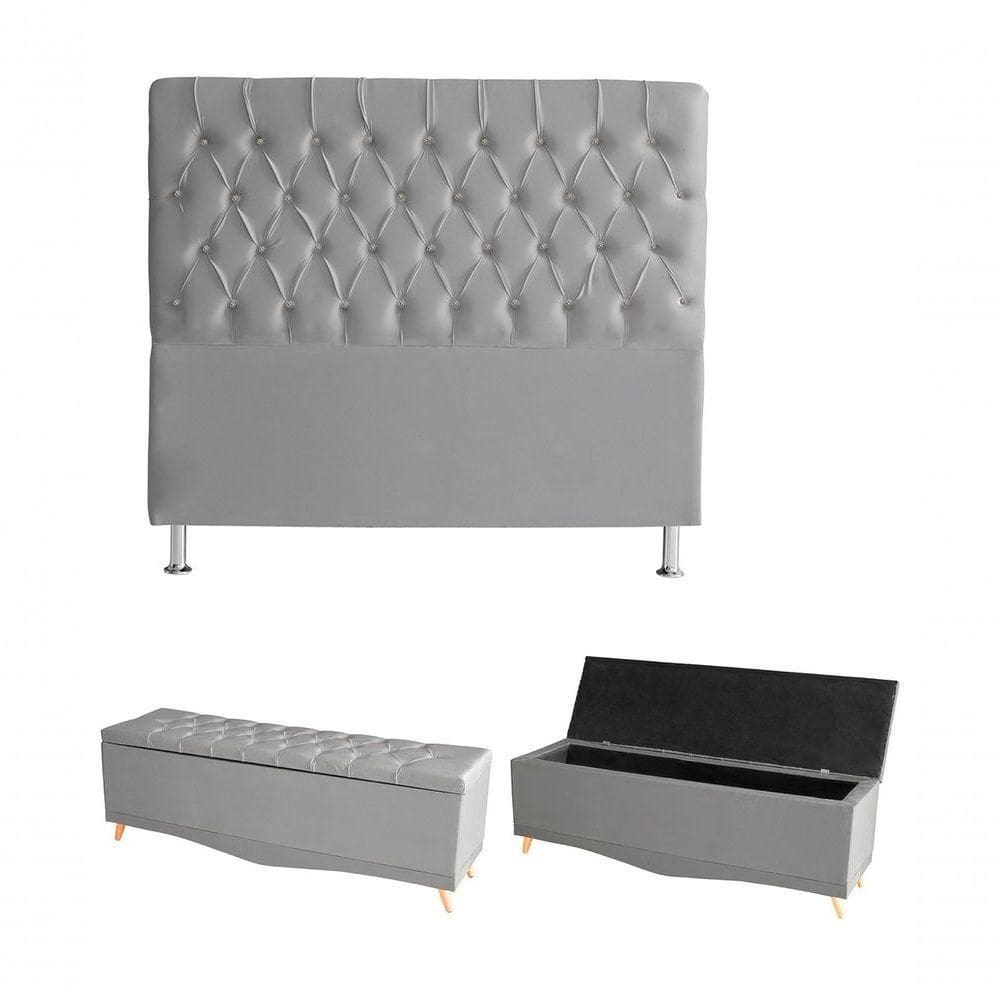 Kit Estrela Cabeceira De Cama E Calçadeira Baú Pés Palito Botão Cristal Queen 160 Cm Suede Prata Do Lar Móveis