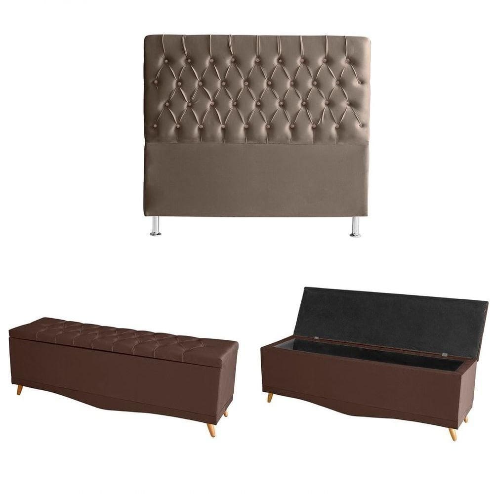 Kit Estrela Cabeceira De Cama E Calçadeira Baú Pés Palito Botão Cristal Queen 160 Cm Suede Rosê Do Lar Móveis