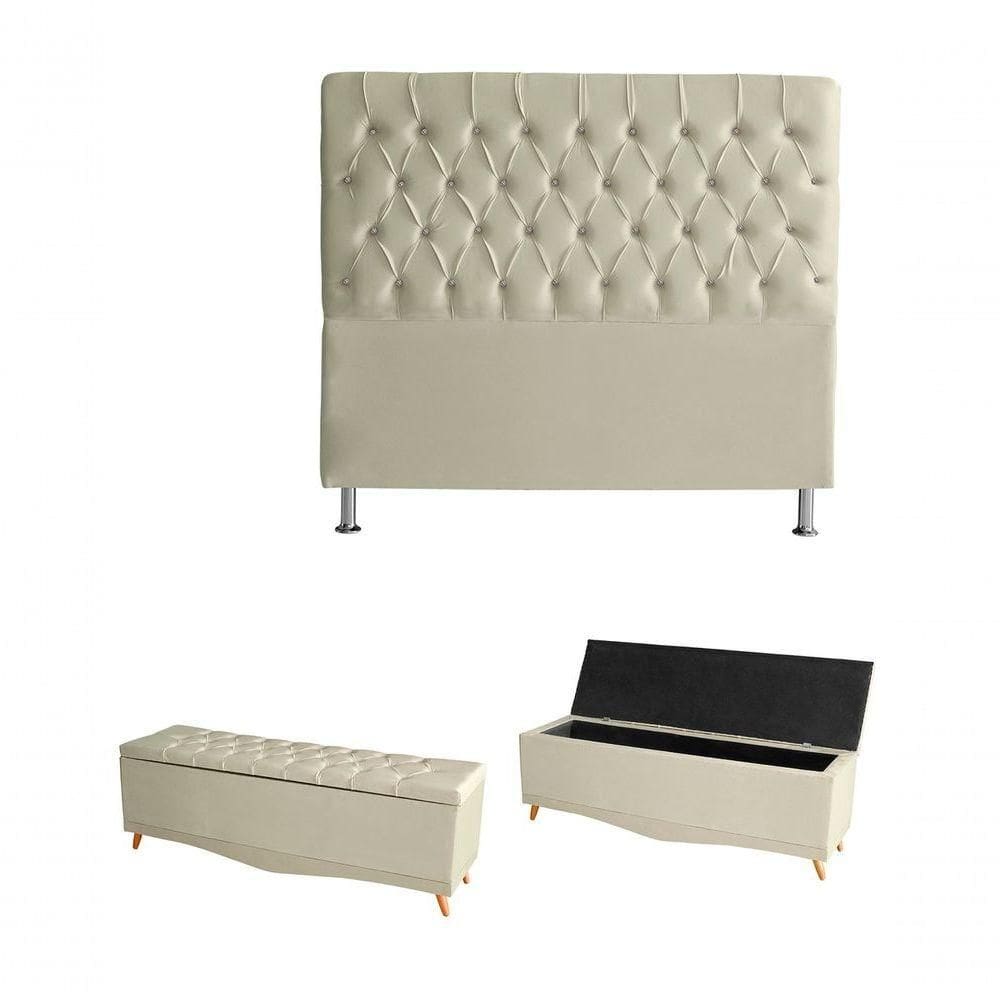 Kit Estrela Cabeceira De Cama E Calçadeira Baú Pés Palito Botão Cristal King 195 Cm Suede Porcelana Do Lar Móveis