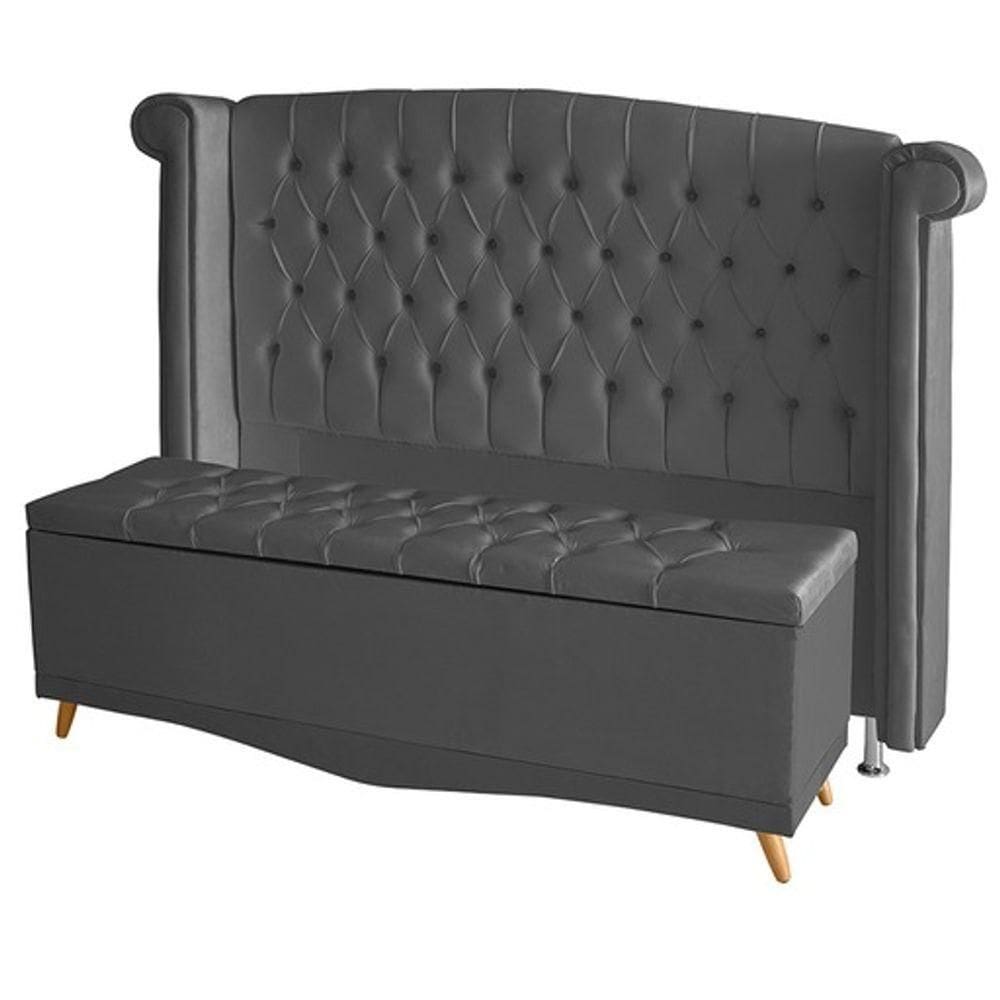 Kit Cabeceira De Cama E Calçadeira Baú Luxo Queen 160 Cm Suede Grafite Do Lar Móveis