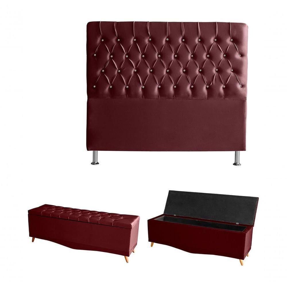 Kit Estrela Cabeceira De Cama E Calçadeira Baú Pés Palito Botão Cristal Casal 140 Cm Suede Bordo Do Lar Móveis