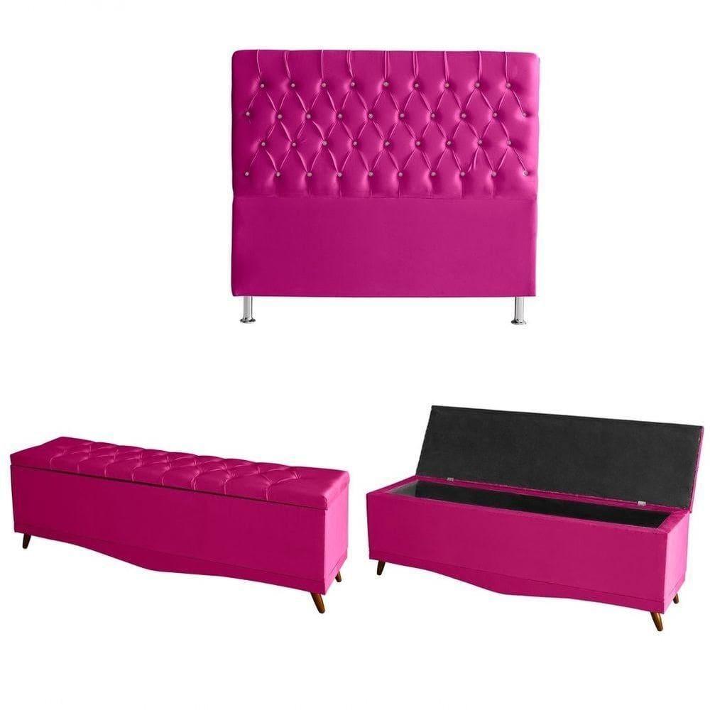 Kit Estrela Cabeceira De Cama E Calçadeira Baú Pés Palito Botão Cristal Queen 160 Cm Suede Rosa Pink Do Lar Móveis