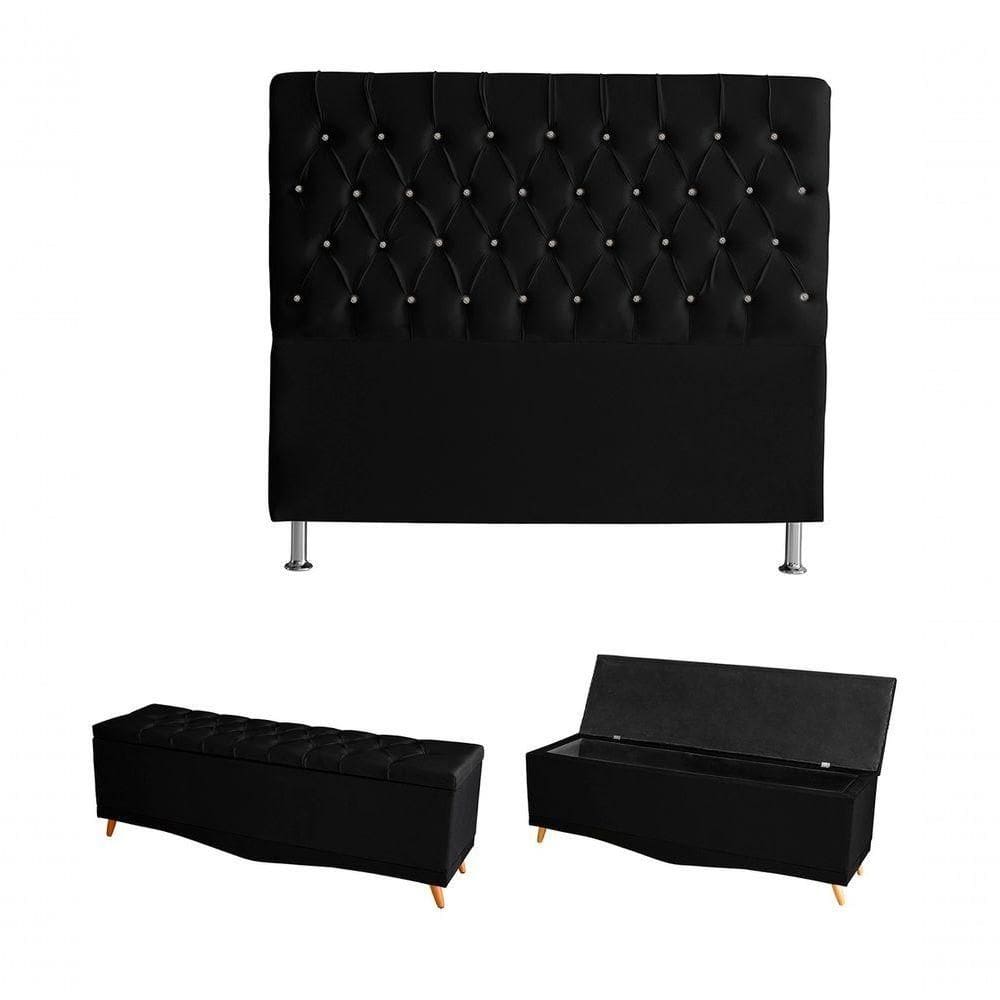 Kit Estrela Cabeceira De Cama E Calçadeira Baú Pés Palito Botão Cristal Queen 160 Cm Suede Preto Do Lar Móveis