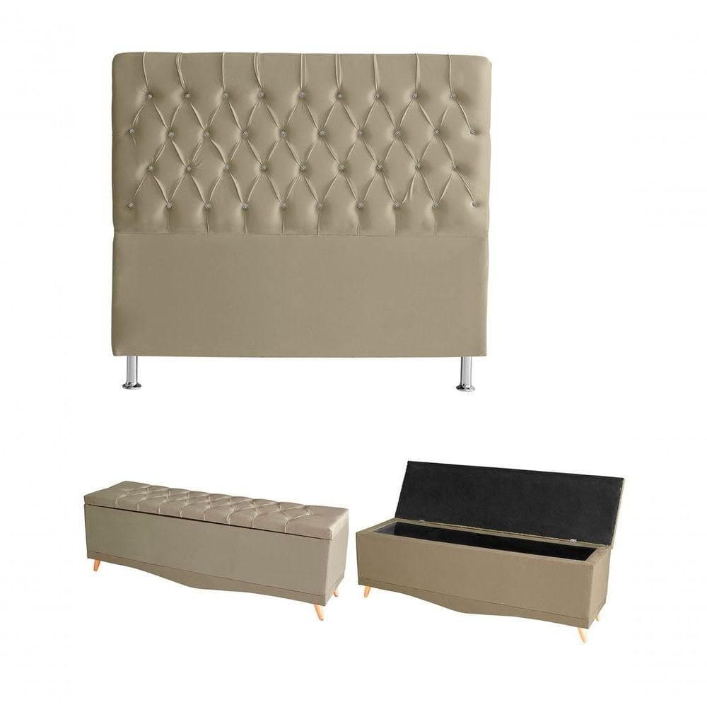 Kit Estrela Cabeceira De Cama E Calçadeira Baú Pés Palito Botão Cristal Queen 160 Cm Suede Bege Do Lar Móveis