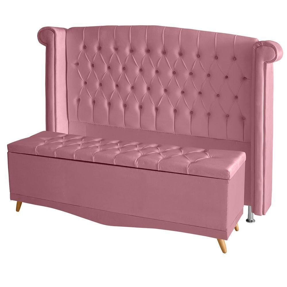Kit Cabeceira De Cama E Calçadeira Baú Luxo Queen 160 Cm Suede Rosa Bebê Do Lar Móveis
