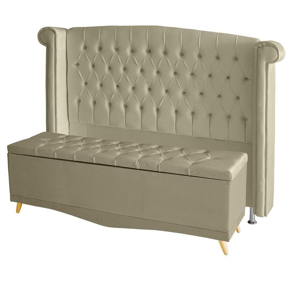 Kit Cabeceira De Cama E Calçadeira Baú Luxo Queen 160 Cm Suede Bege Do Lar Móveis