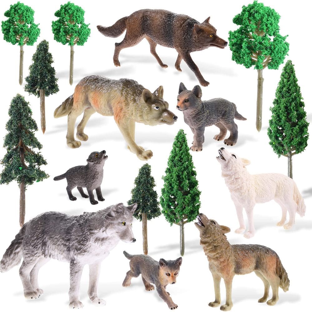 Conjunto de bonecos de brinquedo Skylety Woodland Wolf com 8 lobos e 8 árvores